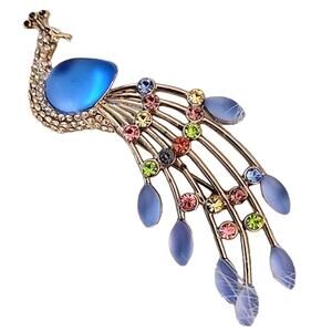 Vintage Peacock Brooch Pin Silver w/Baby Blue Stones and Pastel Rhinestone Boho